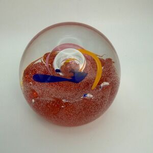 Caithness Scotland Wheel of Fire Art Glass Paperweight Signed Red Blue Orange